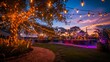 Outdoor event at dusk with vibrant lights strung from trees creating a festive ambiance