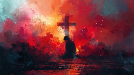 Wall Mural - Man kneeling and praying in front of the cross. Digital watercolor painting