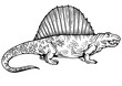Dimetrodon dinosaur prehistoric extinct animal engraving PNG illustration. Scratch board style imitation. Black and white hand drawn image.