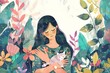 Colorful illustrated woman embracing a cat