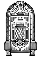 Wall Mural - Jukebox engraving PNG illustration. Scratch board style imitation. Black and white hand drawn image.