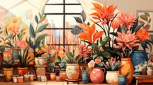 A Beautiful Illustration Of A Greenhouse With Many Flowers And Plants