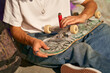 Close up of young man repairing his skateboard in the skate park. Extreme sport concept