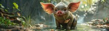 A Cute Cartoon Pig Standing In A Pond And Smiling