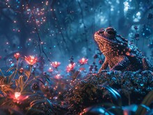 A Frog Sits On A Rock In A Magical Forest. The Frog Is Looking At A Flower. The Forest Is Full Of Glowing Flowers And Plants. The Frog Is Glowing.
