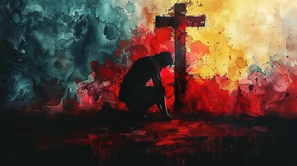 Wall Mural - Man kneeling and praying in front of the cross. Digital watercolor painting
