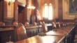 Defocused Courtroom Panorama A grand hazy view of a courtroom filled with ornate wooden furnishings and soft natural lighting. .