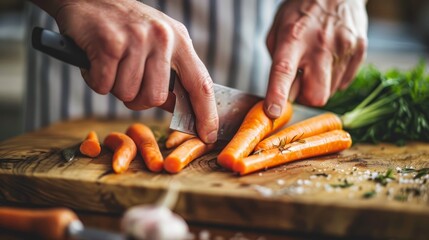 Poster - Closeup shot of hands chopping carrots with a chefs knife on wooden cutting board