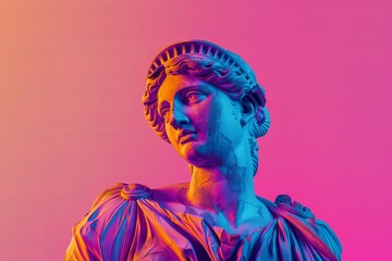 Sculpture abstract greek deity Venus de Milo, in retrowave city pop design. Vaporwave-erastyle colors. Center composition