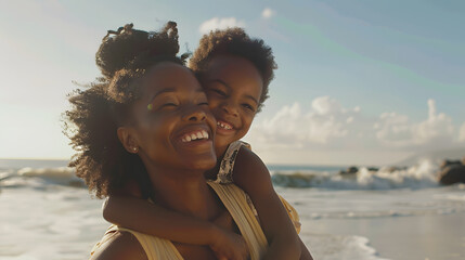 Wall Mural - Smiling young black mother and beautiful daughter having fun on the beach with copy space Portrait of happy sister giving a piggyback ride to cute little girl at seaside Lovely kid emb : Generative AI