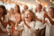 Joyful child clapping hands with glee at a festive event, surrounded by smiling guests