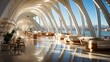Modern architecture interior of luxury hotel lobby with panoramic windows and curved white walls