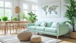 A bright and airy living room with a large sofa, coffee table, rug, and lots of plants
