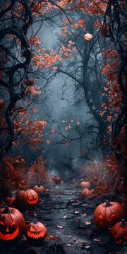 Spooky Halloween Pumpkin Path in Dark Forest