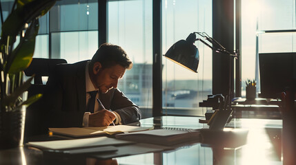 Poster - Businessman Sitting At Desk Writing In Notebook In Modern Open Plan Office : Generative AI