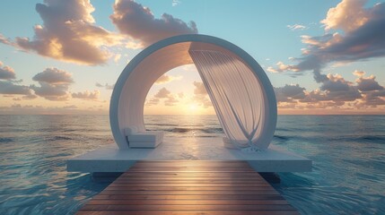 Wall Mural - A dock extending into the ocean with a shaded lounge area