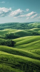 Wall Mural - Picturesque green rolling hills landscape with blue sky and clouds