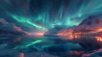 Wall Mural - Aurora borealis landscape with mountains and water reflection