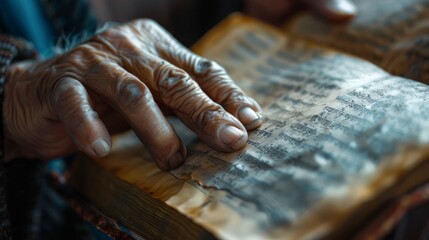 Wall Mural - Close up of a persons hands holding and flipping through pages of a book, possibly a sacred text, demonstrating study and reverence for spiritual practice