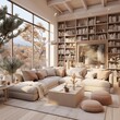 A cozy living room with a large bookshelf and a comfortable couch