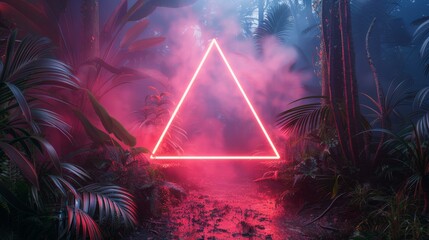 Mystical neon triangle glowing amid lush green jungle under foggy, twilight sky, evoking themes of mystery and futuristic exploration. Copy space.