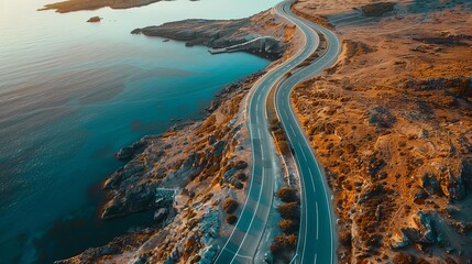 Poster - majestic mountain road aerial view of winding highway through rugged coastal landscape abstract landscape photography