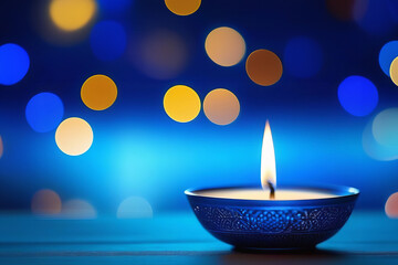 Vesak holiday background candle on golden blue bokeh background. Vesak Day backdrop