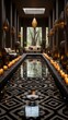 A long reflecting pool runs through the center of a luxurious courtyard with Moroccan-style lanterns and cushioned seating areas.