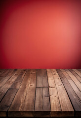 Wall Mural - Light red background with an empty wooden table and plenty of room for your branding and copy. Use as a montage for a product display. Vintage style concept