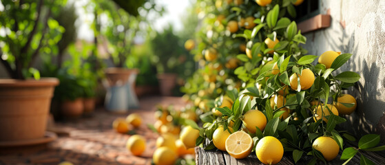 Wall Mural - Fairy garden with lemon trees and fruits.  Beautiful summer exterior mockup. backyard, patio with orchard view. generative ai.