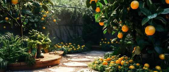 Sticker - Fairy garden with oranges,tangerine trees and fruits. Beautiful summer exterior mockup. backyard, patio with orchard view. generative ai.