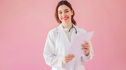 Aufkleber - satisfied young woman with wide toothy smile wearing a white coat holding documents and standing armcrossed medium shot business concept studio shot copy space High quality photo : Generative AI