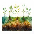 Vibrant Layered Watercolor Depicting the Unseen Soil Microbiome Supporting Plant Growth and Thriving Ecosystems