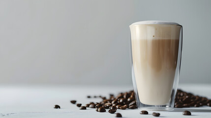 Wall Mural - close up of double glass cup of fresh latte coffee with coffee beans on white table and copy space : Generative AI