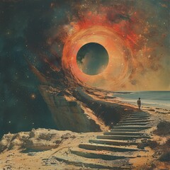 Poster - a person walking up a rocky beach with a black hole in the sky