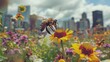 A bee is flying above a field of colorful flowers in a garden