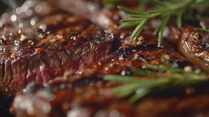 Sticker - A closeup of a juicy charred medium-rare ribeye steak garnished with aromatic rosemary, highlighting its succulent texture
