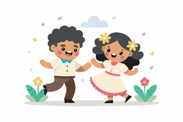 Mexican cute couple traditional costume cartoon boy and girl dance, Couple of Mexican dancers