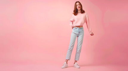 Leinwandbilder - Full length body size view of beautiful trendy cheerful girl demonstrating promo copy space isolated over pink pastel color background : Generative AI