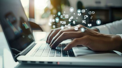 Social media and Marketing virtual icons screen concept. close-up of a businessman typing keyboard with a laptop computer on a wooden desk in a modern office.