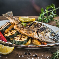 Wall Mural - a grilled fish served on a wooden table, accompanied by a medley of grilled vegetables and a squeeze of lemon. The rich aroma of the fish mingles with the earthy scent of the herbs, creating a sensory