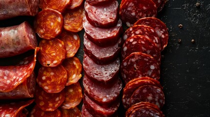 Wall Mural - Closeup overhead view of a neatly arranged pile of sliced sausages on a table