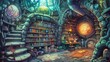 An enchanting school library scene, brought to life by a skilled illustrator