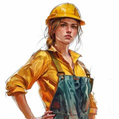 a woman wearing a hard hat and overalls