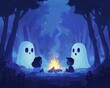 a group of friends telling ghost stories around a campfire, with a spooky forest background,monochromatic charming shiny line rough doodling