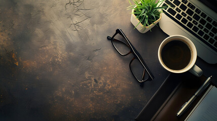 Aufkleber - Office leather desk table with computer supplies and coffee cup Top view with copy space : Generative AI
