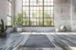 Grey yoga mat on wooden floor in modern fitness studio with big windows and white brick walls.