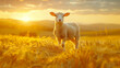 A sheep standing in the field of grass, sunset behind it and mosque silhouette, golden hour, ultra realistic photography