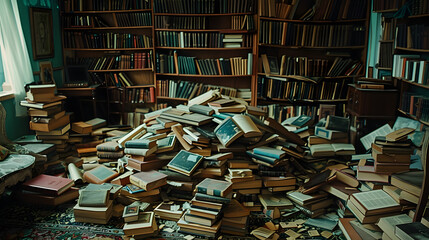 Wall Mural - A cluttered academic study room with bookshelves open textbooks and a desk filled with reading materials. Concept Indoor Photoshoot, Academic Setting, Cluttered Study Room, Books and Reading