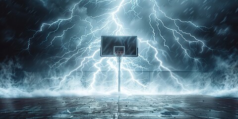 basketball hoop on the background of flashing lightning